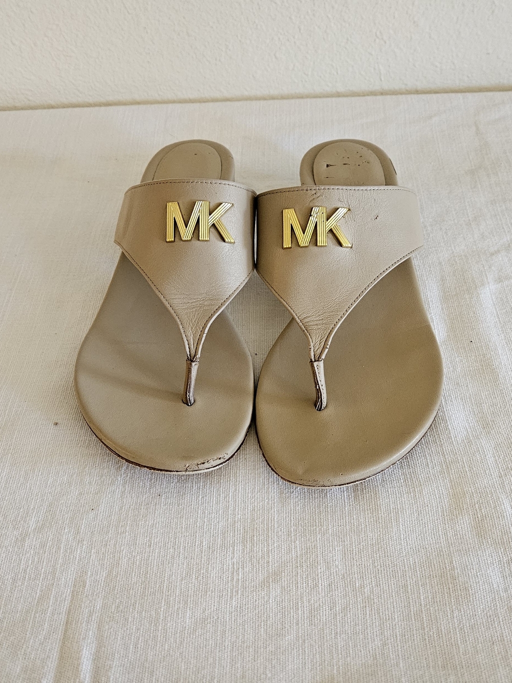 Michael Kors Beige Leather MK Logo Thong Sandals